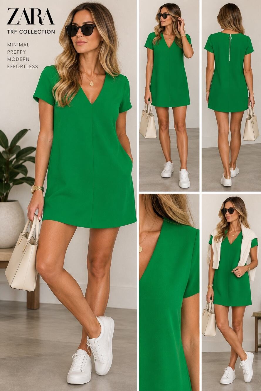 Zara TRF Collection Kelly Green V-Neck Shift Mini Dress S Minimalist Preppy